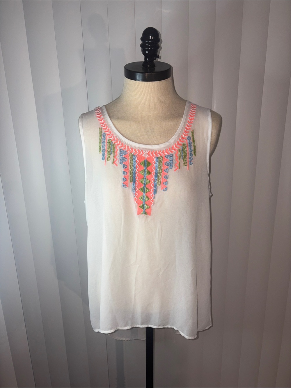 Studio Y White Boho Sheer Chiffon Hi-Lo Top Neon Geometric Embroidered Neckline
